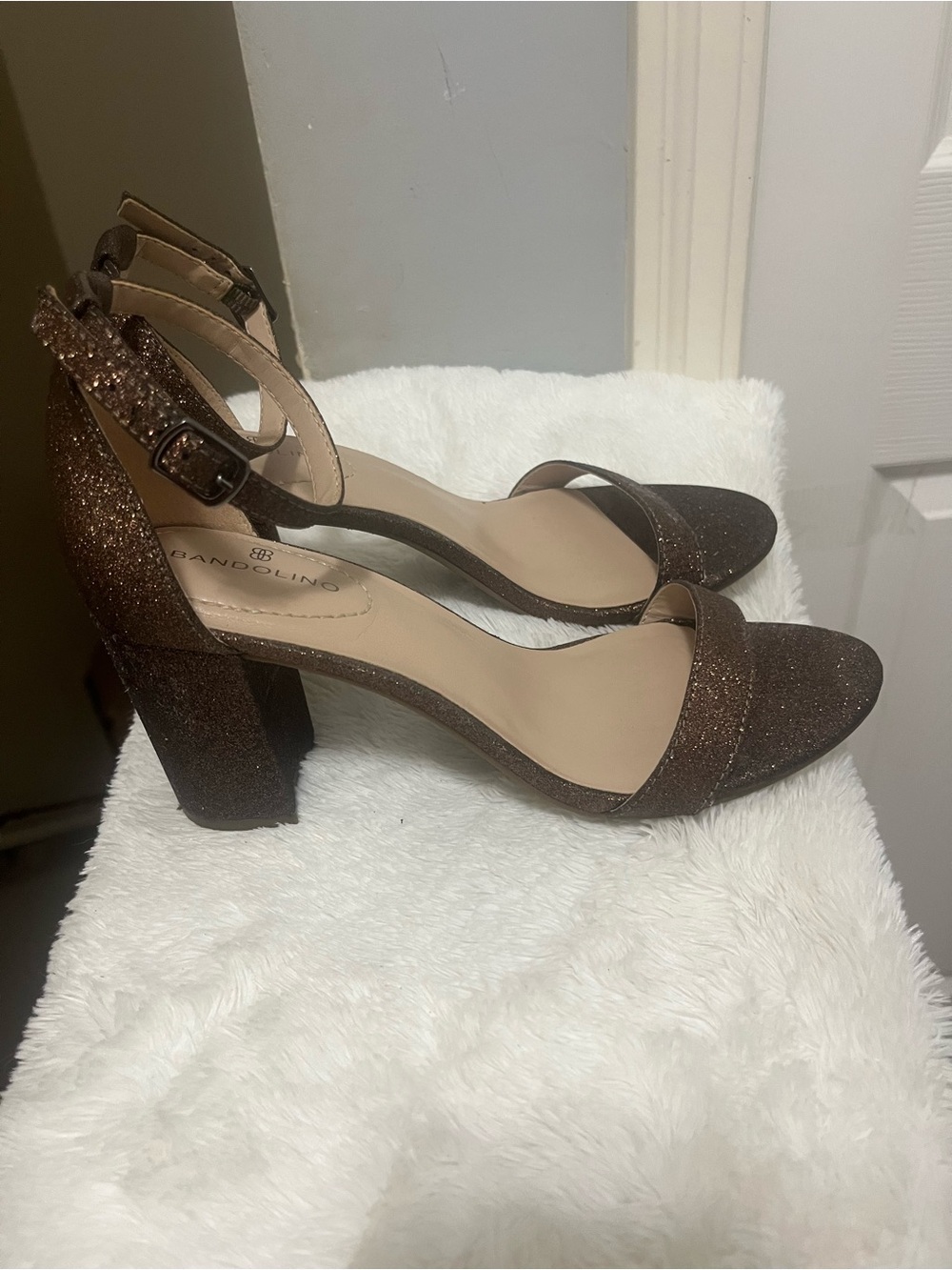 Bandolino Bronze Glitter Block Heel Sandals with Ankle Buckle